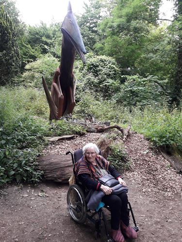 beboer i kørestol sidder foran skulptur af dinosaur i Knuthenborg Safaripark